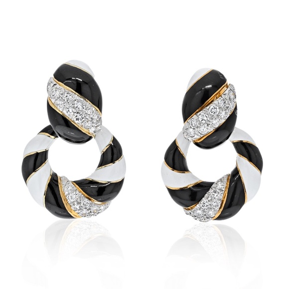 David Webb Platinum&Gold Black And White Enamel And Diamond Doorknocker Earrings - Picture 1 of 4